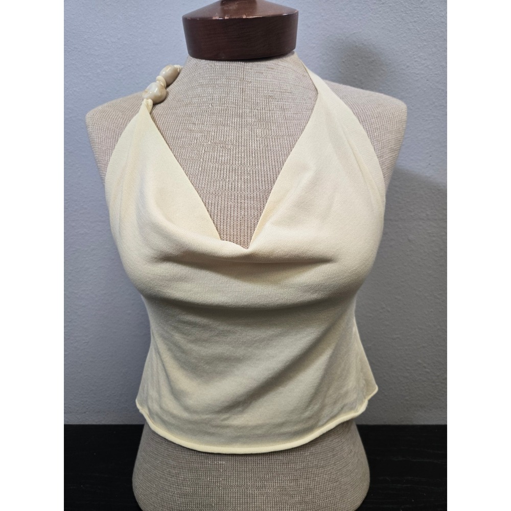 Beverly and Beck Knit Cowl Neck Bead Accent Halter Top Cream XS